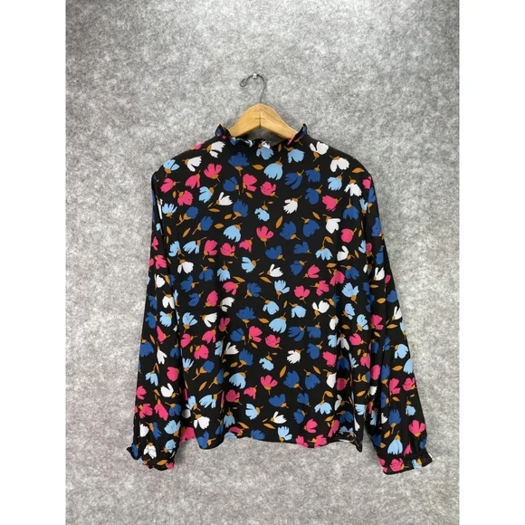 J Crew Blouse Womens Large Black Floral Mock Neck Ruffle Long Sleeve Top - Picture 9 of 10